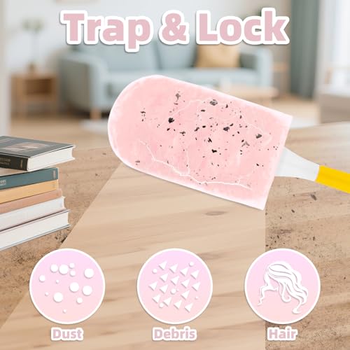 Image of Heavy Duty Dusters Refills, Disposable Dusters Kit Compatible with Swiffer Handles, Multisurface Dusters+1 Extended Handle +1 Handle (Pink, 360)