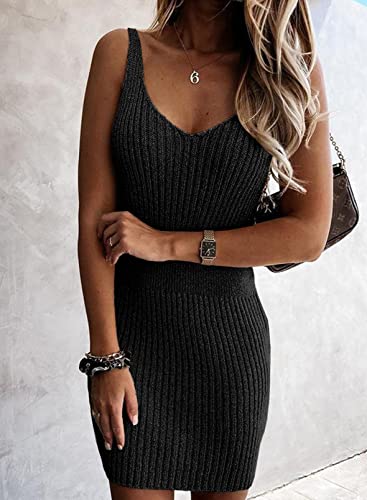 Image of Sidefeel Womens Fall Dresses V Neck Ribbed Knit Tank Mini Date Night Dress
