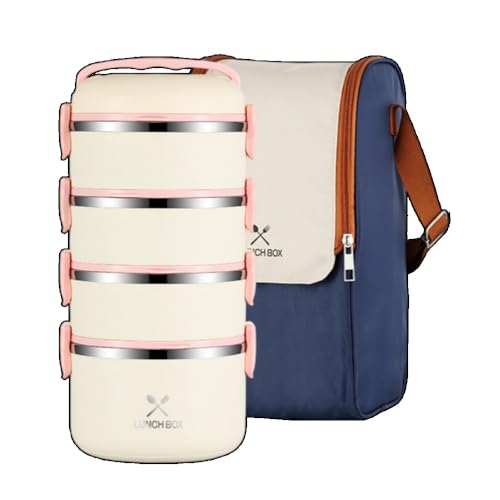 Fiegcit 弁当箱 ステンレス鋼 保温 大容量 真空断熱 ホットスープ弁当 スープボトル 保温バッグ付き 2段 3段 4段 (4段,ピンク)