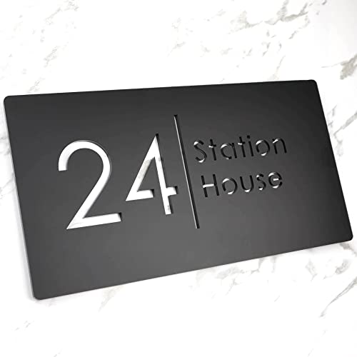 K Smart Sign | Bellissima H2 | Matt Black | 12" X 7" | House Address Plaques Mailbox Number Personalized Address Signs For House, Home, Hotel, Office, Garden, Decorative Garden Wall Plaque (Matt Black & White Marble Effect) #TOP1