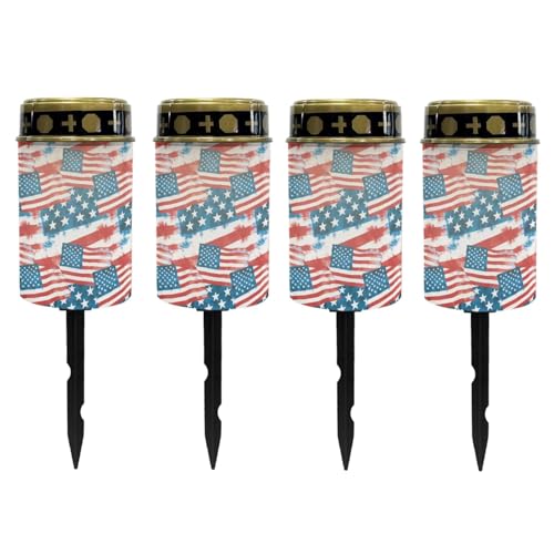 Image of Poceacles American Flag Red White Blue Solar Outdoor Lights Solar Grave Lights Cemetery Candles Decorative LED Automatic Flameless Candle Patriotic USA 250th Anniversary Pattern, 4 Piece