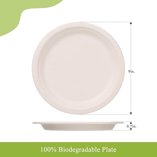 Miniatura 4 de VIOBIO Platos de papel resistentes de 9 pulgadas, paquete de 125 platos de fiesta desechables compostables de bagazo blanco, ecológicos y