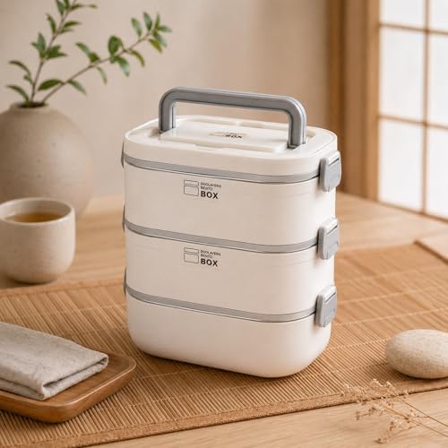 Image of YELONA Stainless Steel Double-Layer Bento Box for Office & School - Leak-Proof Insulated Lunch Container with Hot Water Heating Feature - 2400ML, Cream