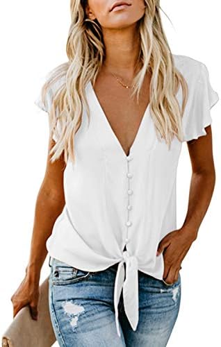 Ecrocoo Womens Chiffion Blouses Short Sleeve V Neck Button Down T Shirts Tie Knot Casual Tops White S