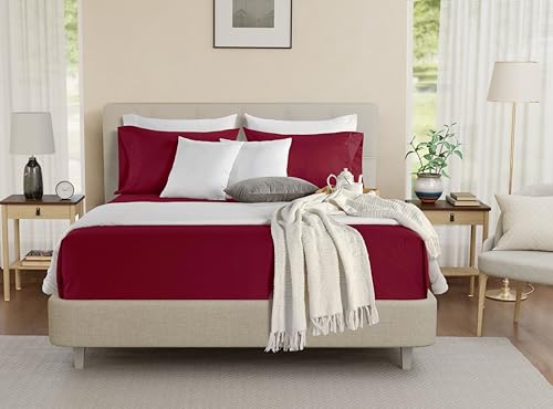 King Sheet Set, 100% Cotton Bed Sheets King Size Sheets Deep Pocket Set, 800 Thread Count Sateen Weave 4 Piece Luxury Bedding, Soft Breathable Machine Washable All Season Comfort- Burgundy