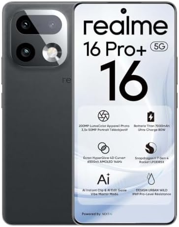 realme 16 Pro+ 5G Smartphone 12Go + 512Go, Caméra LumaColor 200MP...