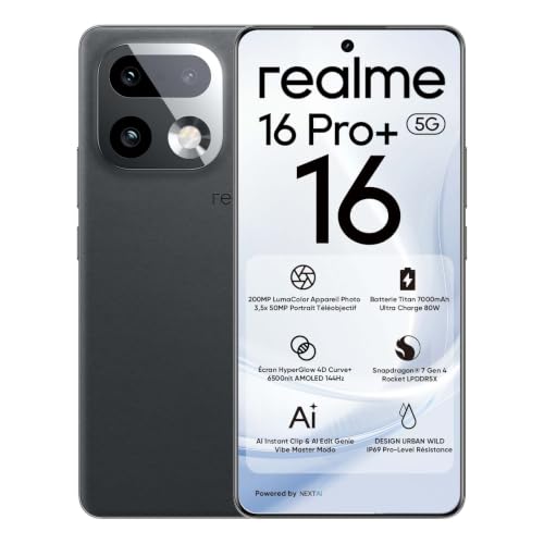 realme 16 Pro+ 5G Smartphone 12Go + 512Go, Caméra LumaColor 200MP + 50MP, Téléphones Portables Débloqués Snapdragon® 7 Gen 4, Batterie 7000mAh avec...