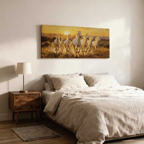 Image of SoulAbiti Vastu Seven White Horses at Sunrise Unframed 36x14 inches Rolled Canvas Wall Realism Art UV Print Painting for Living Room, Bedroom & Office Decor Premium Gloss Vivid Fade-Resistant Print