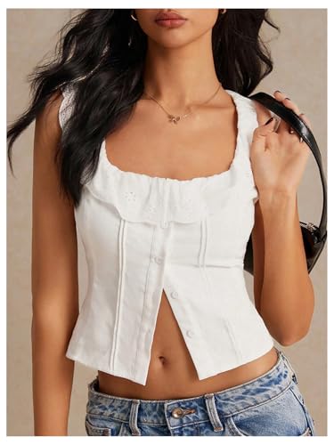 SOLY HUX Women's Button Front Ruffle Scoop Neck Sleeveless Crop Tops Summer Blouse4