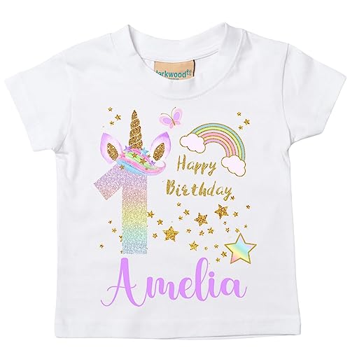 Hoolaroo Personalised Birthday T-Shirt for Girls, Rainbow Unicorn Top, 1st Birthday Outfit Girl, Age 1 2 3 4 5, I am 2nd 3rd 4th 5th Party First (5-6 Years)