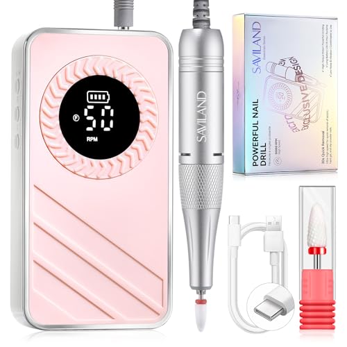 Saviland 30s Fast Removal Electric Nail Drills 50000 RPM: 2026 Professional Cordless Nail File for Acrylic Nails Gel Polish Dip Powder Manicure Pedicure 1200mAh LCD Display Pink