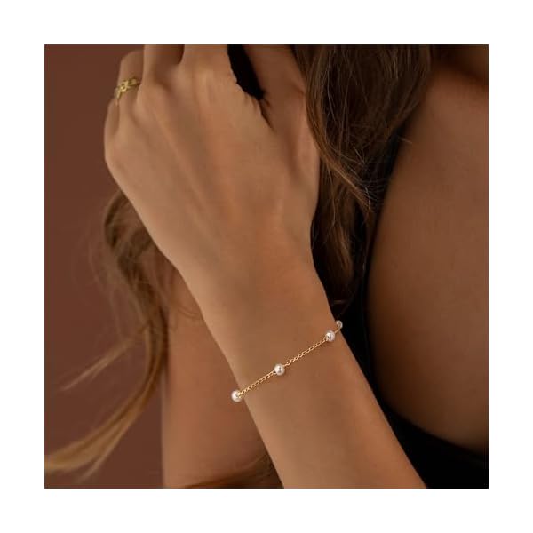 BERISO Gold Pearl Bracelets for Women,14K Gold Plated Bracelets Dainty Pearls Beaded Chain Heart Pearl Bracelets Jewelry - Image 5