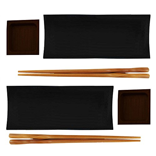 BambooMN Reusable Black Bamboo Sushi Serving Tray Set - 2 Sets