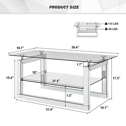 Mirrored Glass Coffee Table, 2 Tier Tempered Glass End Table With Sturdy Sled Legs, Modern Accent Rectangle Table For Living Room Home Office, Clear #TOP1