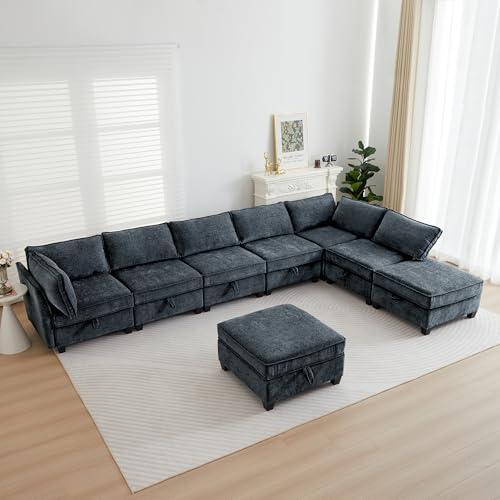 Image of ORRD Corner Modular Sectional Sofa Set, Convertible L Shaped Couch with Storage, 4 Seater Sofa Modular for Living Room, Office (Blue Grey)