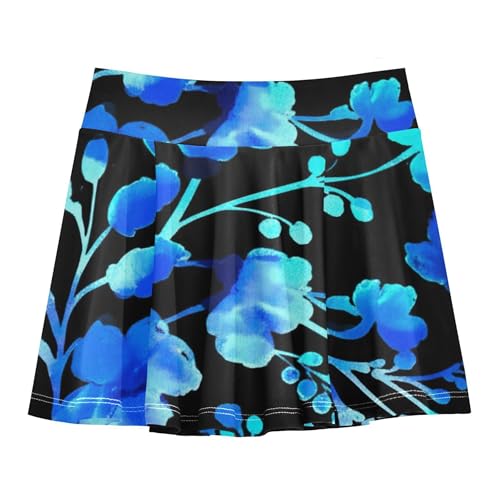 Joisal Watercolor Blue Turquoise Flowers Leaves Black Kids Tennis Skirts Neon Girls Skorts Athletic Shorts Pleated Skort 4t