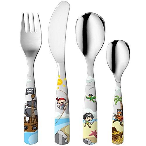Gnali & Zani "Piraten" - Cubertería infantil (4 piezas, 1 cuchillo, tenedor, cucharilla y cucharilla, acero inoxidable, apto para lavavajillas, cubiertos infantiles a partir de 3 años, en caja de