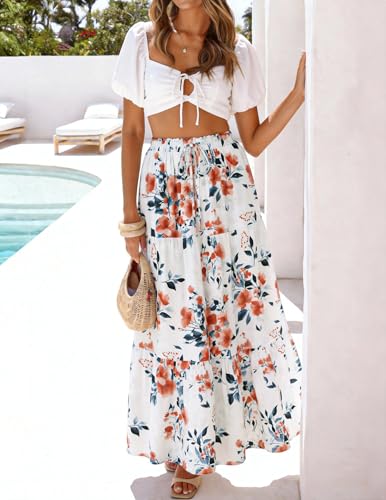 Image of ZESICA Women's 2026 Summer Bohemian Floral Printed Elastic Waist A Line Maxi Skirt with Pockets