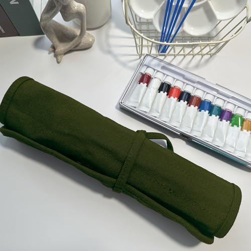 Image of Life-Mate Roll Up Paint Brush Holder with 22 Slots 2 Ties in Canvas for Colored Pencils Watercolor Brush Pens Watercolor Paint in Green