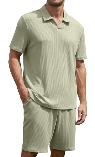 Anelune Trainingsanzug Herren Sommer Sportanzug Herren 2 Teiliges Kurzarm T-Shirts Kurze Hose Freizeitanzug für Jeden Tag Grün L