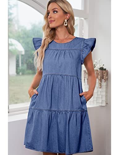Image of luvamia 2025 Denim Dress for Women Summer Babydoll Sleeveless Ruffle Sleeve Mini Dresses Loose Flowy Swing Pleated Dress