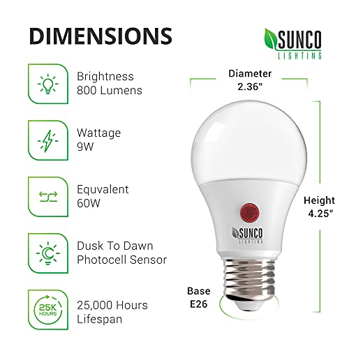 Sunco Dusk To Dawn Light Bulbs Outdoor Sensor A19 Led Light Bulb, Ul & Energy Star Listed 9W (60W Eqv.), 800Lm, Auto On/Off Photocell Automatic For Outdoor Lighting, 3000K Warm White, Pack Of 6 #TOP2