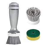 Cepillo para platos, cepillo para ollas: además del cepillo de PP, el cepillo de cocina también está equipado con un estropajo que se puede usar para la limpieza rápida o la limpieza de ollas y sartenes quemadas; el extremo del cepillo del dispensador de jabón se puede colgar para que se seque al aire y evitar así el crecimiento bacteriano.