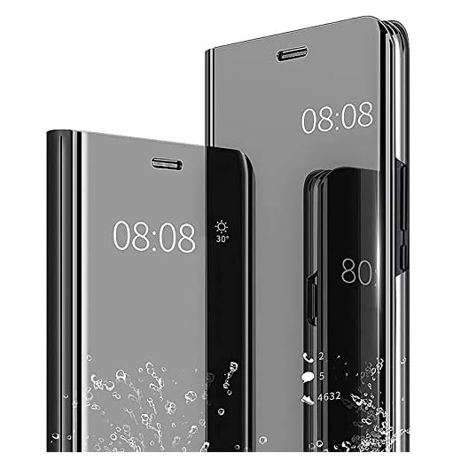 TOPOFU Sony Xperia 1 II skal, transparent plätering spegel flip fodral stötsäkert repskydd med ställ funktion skyddande fodral för Sony Xperia 1 II-svart