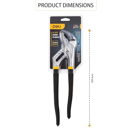 Image of Deli DL2612 12 inch Water Pump Plier with 7 Position Adjustment & High Torque Grip Carbon Steel Heat Treated Head for Plumbing Home and Mechanical Purpose (Pack of 1, Yellow)