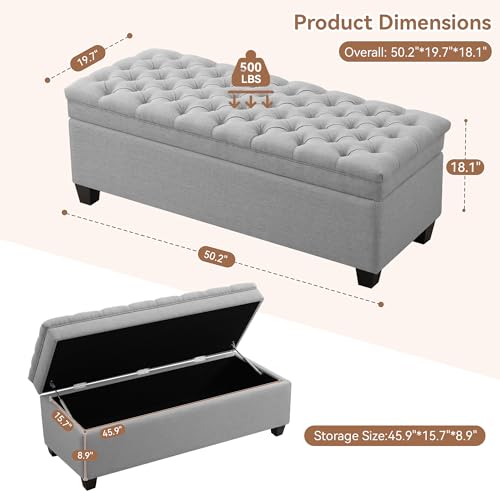 Image of WUTUTUEE 50 inch Fabric Storage Ottoman Bench, Upholstered Rectangle End of Bed Storage Ottoman Tufted Living Room Bedroom Bench with Safety Hinge, Solid Wood Legs, Loads 500 lb(Light Grey)