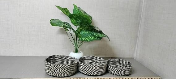 Image of Handmade Jute Cotton Storage Baskets Set of 3 for Dining Table, Fruit Basket & Roti Bowl, Cane Style Organizer for Kitchen, Home Decor, Washable Multipurpose (BeigeBlack)