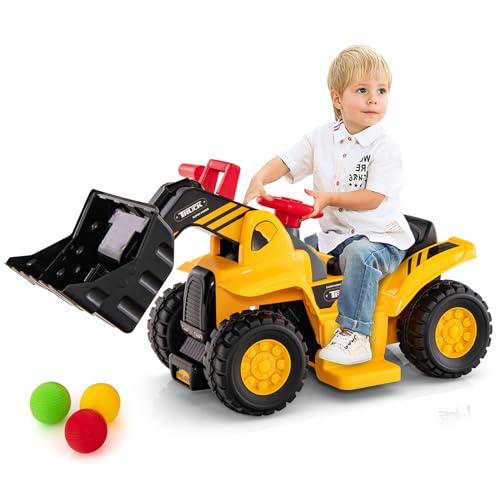 Costzon 2-in-1 Ride on Excavator Bulldozer, 6V Electric Excavator Ride on Toy with 3 Balls & Basketball Hoop, Adjustable Bucket, Ride on Construction Vehicles for Kids, Push Car Gift for Boys Girls