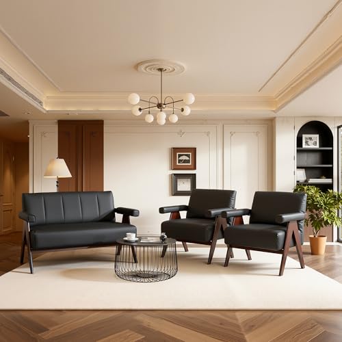 STHOUYN 50\" Black Leather Sofa, Small Comfy Office Loveseat Couch with Back, Mid Century Modern Wooden Love Seat Bench Waiting Room Furniture Couches for Living Room, Bedroom - Thumbnail 7