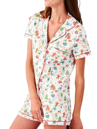 Zelbuck Womens Y2k Preppy Pajamas Set, 2 Piece Button Down Monkey Beach Shorts Set Holiday Vacation Loungewear Pjs for Jammies Back to School Party Birthday Gifts(Christmas, X-Small)