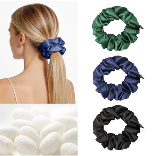 Image of THXSILK 100% Mulberry Silk Chunky Scrunchies 3-Pack, 25 Momme Thick Voluminous No Damage Hair Ties for Women, Medium Ponytail Holders for All Hair Types(Green, Navy Blue, Black)