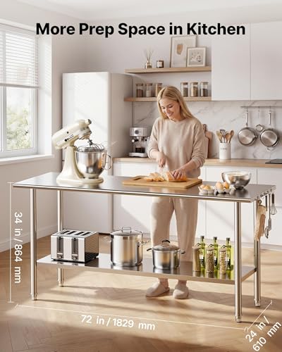 Image of VEVOR Stainless Steel Work Table, 24x72 Inch Food Prep Table, Commercial Kitchen Workstation with Adjustable Undershelf, Metal Heavy Duty Utility Worktable, for Restaurant Home Hotel Garage Outdoor