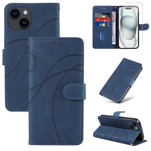 Reshias Coque Compatible avec iPhone 15 6.1 Pouces avec 1 Pièce Protection Écran en Verre Trempé, Housse PU Cuir à Rabat Flip, Étui Support et Portefeuille Fonction...