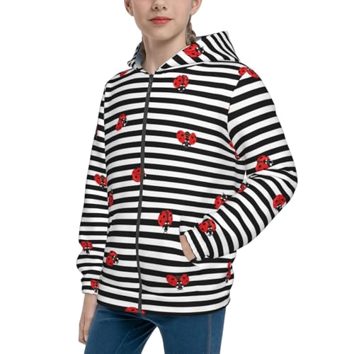 Ladybugs on Black and White Striped Kid Hoodies Boys Zip Up Sweatshirts Girls Pullover with Pocket