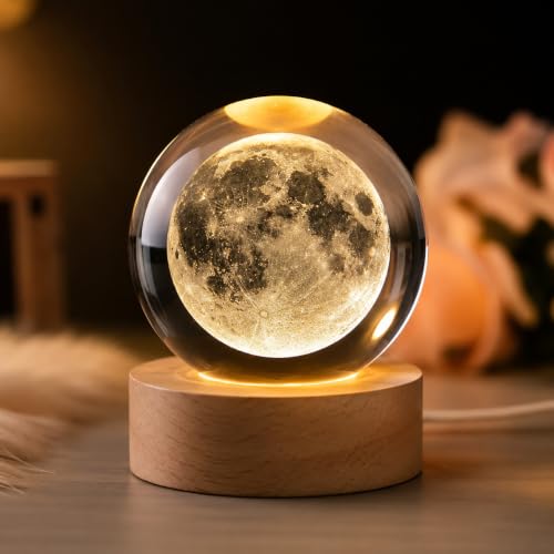 Image of 3D Moon Crystal Ball Night Lamp with Wooden Base, USB Warm White LED Lights