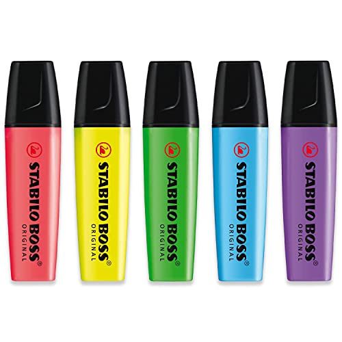 STABILO Highlighter BOSS ORIGINAL – Essential 5 Stück – Rot, Gelb, Hellblau, Hellgrün & Lavendel