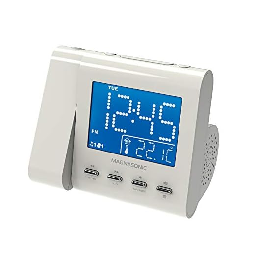 Magnasonic Projection Alarm Clock with AM/FM Radio, Battery Backup, Auto Time Set, Dual Alarm, Nap/Sleep Timer, Indoor Temperature/Date Display with Dimming & 3.5mm Audio Input - White (EAAC601W)