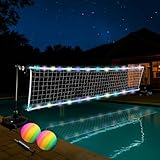 Pool Volleyball Net Set with LED Lights,Volleyball Net with Weighted Bases and Adjustable 15ft-42ft Length for Inground Pools,Portable Water Volleyball Game with 2 Balls & Pump for Pool Entertainment