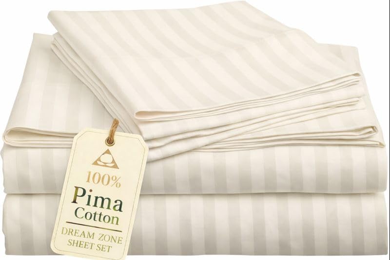 Dream Zone King Size 1000 Thread Count Pima Cotton Cooling 4-PCs Sheet Set Fits Upto 18 Deep Pocket (Stripe Ivory)