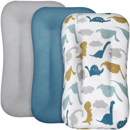 Newwiee Muslin Baby Lounger Cover 3 Pack Organic Cotton Removable Lounger Cover Soft and Breathable Nest Replacement Baby Slipcover for Newborn Infant Boys Girls(Blue, Grey, White,Dinosaur)