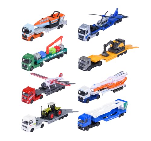Majorette Auto City Transporter (1 Modellauto) - Spielzeug-Truck aus Metall mit Anh&auml;nger, Freilauf & beweglichen Teilen, zuf&auml;llige Auswahl aus 8 Spielzeugautos f&uuml;r Kinder ab 3 Jahre, je 20 cm