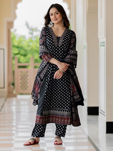 Image of Arayna Women's 100% Pure Cotton Printed Ethnic Suit | A-Line Kurta Set with Pant & Dupatta