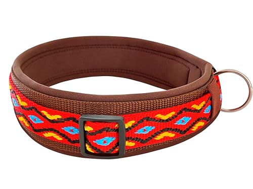 BUDDYPACK-Halsband Extra-Breit & Weich mit Neopren-Polster für Kleine und Große Hunde (Rot-Bunt auf Braun, Größe S/M)