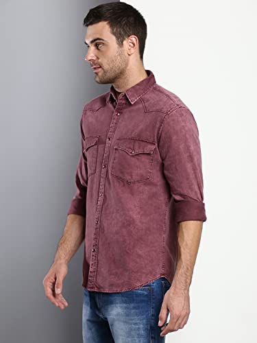 Image of Dennis Lingo Men's Solid Slim Fit Cotton Casual Shirt with Spread Collar & Full Sleeves
