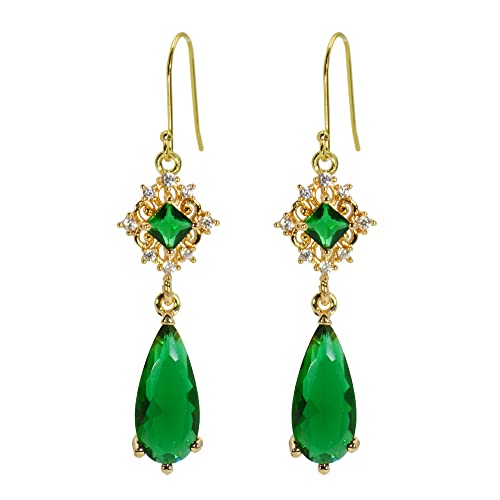 MOMOCAT 18K Gold Plated Vintage Emerald Green and Gold Hanging Earings Statement Earingings Dangling Formal Chandelier Fancy Dangle Earring Jewelry Hypoallergenic Long Fashion Earrings Aesthetic for