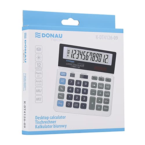 Tischrechner DONAU TECH/K-DT4126-09 12-Stellig Wurzelfunktion/ 156x152x28mm/ Farbe: Weiß/Rechner mit 12-stelliger Anzeige/Dual-Power Solar - Batteriebetrieb/Kompaktes Design/ 5 Jahre Garantie